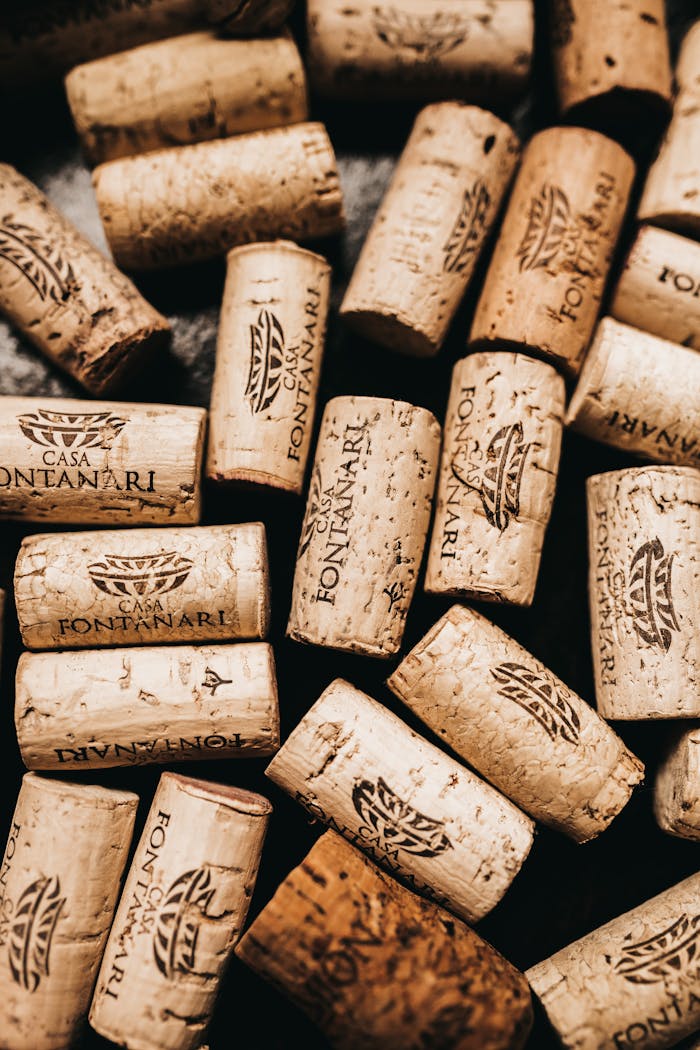 services-04 Top view of wine timber corks with logo and caption on black background